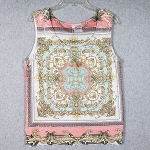 Sami & Jo Plus Size 1X Pink Blue Gold Scroll Print Ruffle Tank Top Boho Blouse